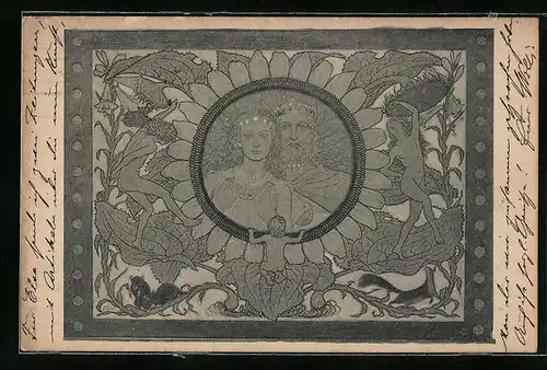 Künstler-AK Fidus: Sonnenblumen-Elfen, Kohledruck von einem Elfen-Herrscherpaar in der Sonnenblume