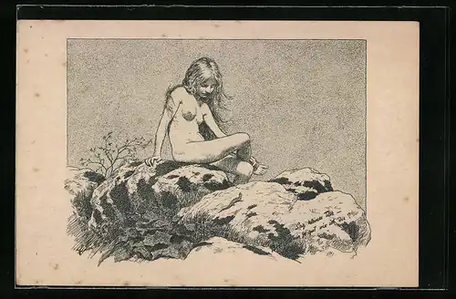 Künstler-AK Fidus: Sag kleines Tier, Nackte Frau unterhält sich mit einer Eidechse