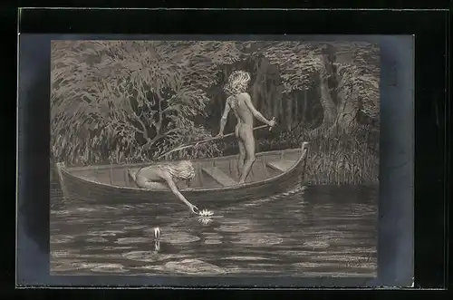 Künstler-AK Fidus: Wasserrosen, Junges Paar im Ruderboot, Frau greift nach einer Wasserrose, Doppellichtdruck