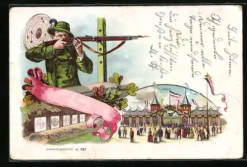 Lithographie Schützenfest, Schütze beim anvisieren seines Ziels, Zuschauer vor der Festhalle