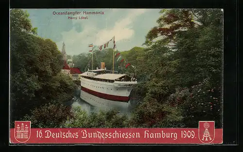 Künstler-AK Hamburg, 16. Deutsches Bundesschiessen 1909, Ozeandampfer Hammonia