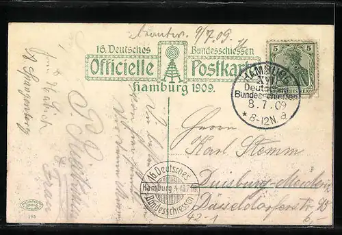 Künstler-AK Hamburg, 16. Deutsches Bundesschiessen 1909, Gäste streben zur Festhalle