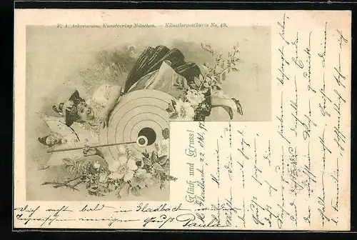 AK Glück und Gruss vom Schützenfest, Dame mit Zielscheibe und Pfeil