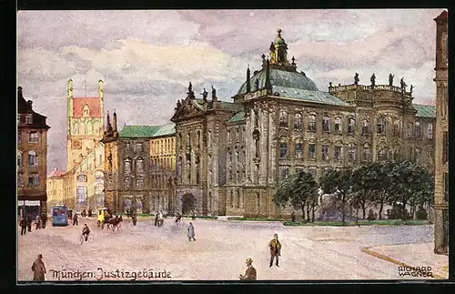 Künstler-AK Richard Wagner: München, Justizgebäude mit Passanten