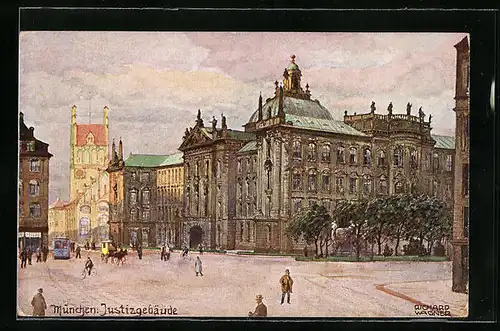 Künstler-AK Richard Wagner: München, Justizgebäude mit Passanten
