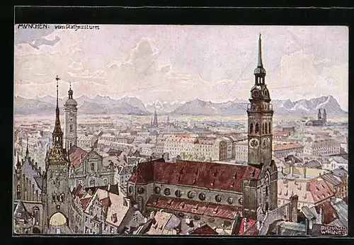 Künstler-AK Richard Wagner: München, Blick vom Rathausturm auf die Stadt