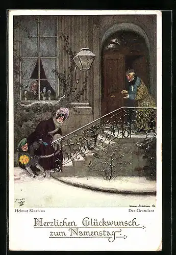 Künstler-AK Helmut Skarbina: Der Gratulant, kleiner Junge möchte nicht gratulieren