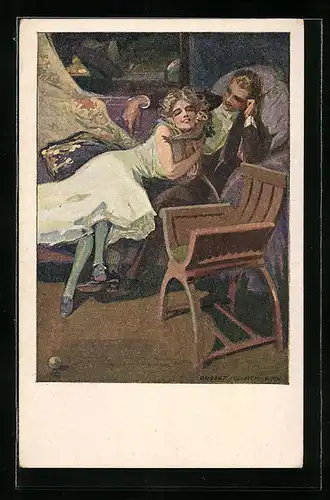 Künstler-AK Robert Sedlacek: Frau kuschelt in den Armen ihres Geliebten mit einem Affen