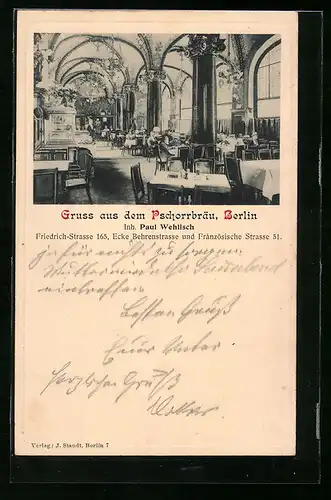AK Berlin, Gruss aus dem Gasthaus Pschorrbräu, Inh. Paul Wehlisch, Friedrich-Strasse 165
