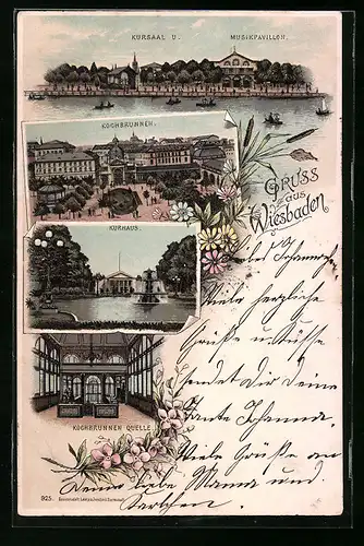 Lithographie Wiesbaden, Kursaal u. Musikpavillon, Kochbrunnen und Kurhaus