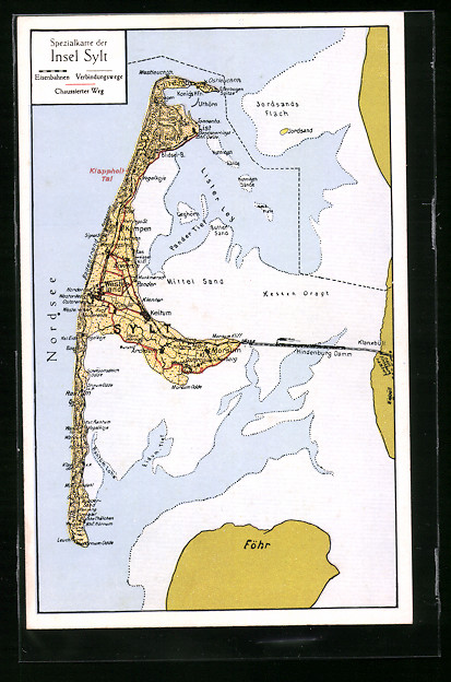 Ak Sylt Landkarte Der Insel Mit Dem Hindenburgdamm Nr