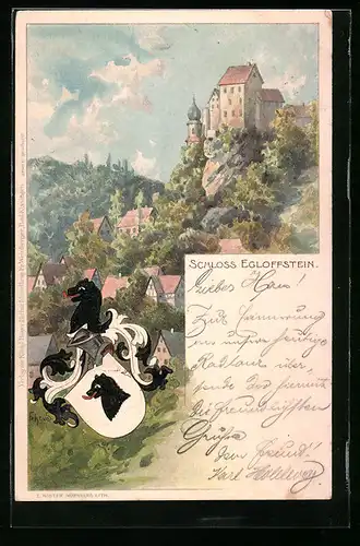 Lithographie Egloffstein, Schloss Egloffstein thront stolz über dem Ort