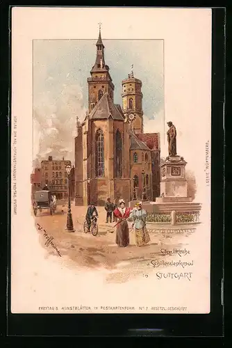 Lithographie Stuttgart, Stadtkirche und Schillerdenkmal