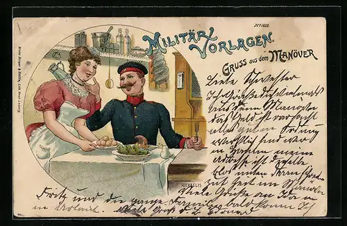 Künstler-AK Michaelis, Bruno Bürger & Ottillie Nr. 1033: Soldat bekommt von seiner Frau Essen serviert