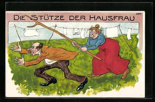 AK Frau jagt ihren Mann mit einem grossen Stock