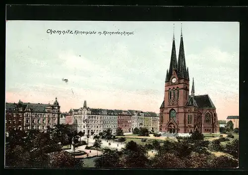 AK Chemnitz, Körnerplatz mit Kirche und Körnerdenkmal