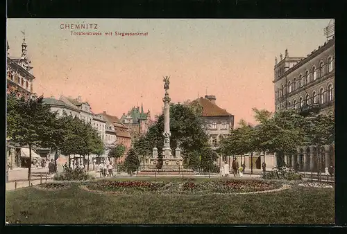 AK Chemnitz, Theaterstrasse mit Siegesdenkmal