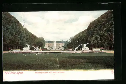 AK Schwetzingen, Hirschgruppe mit dem Schloss