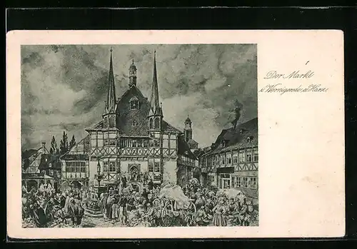 Künstler-AK Wernigerode a. Harz, Der Markt mit Rathaus