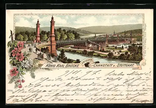 Lithographie Stuttgart, König Karl Brücke zwischen Cannstatt und Stuttgart