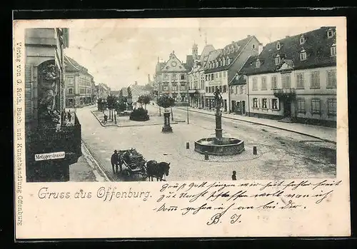 AK Offenburg, Marktplatz mit Brunnen, Metzgerstrasse und Pferdekarren