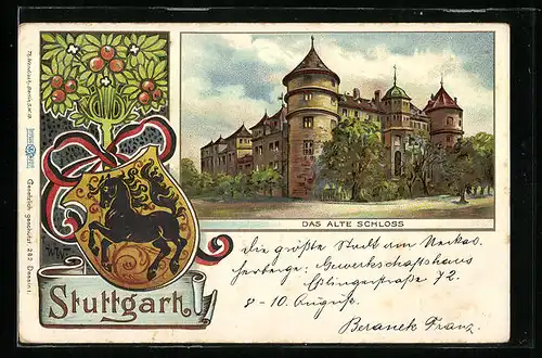Lithographie Stuttgart, Das alte Schloss und Wappen