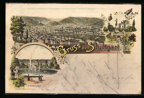 Lithographie Stuttgart, Eugensbrunnen und K. Residenzschloss