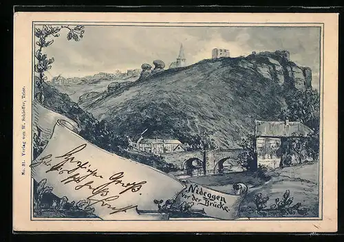 Künstler-AK Nideggen, Ortsansicht von der Brücke