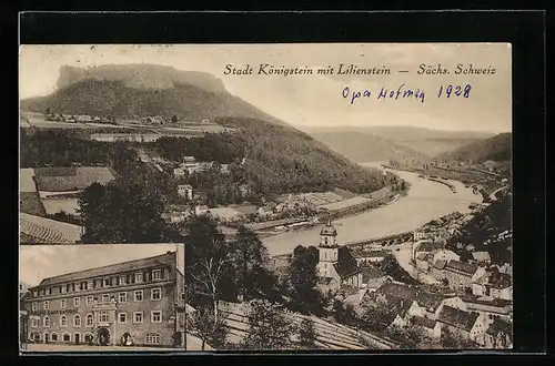 AK Königstein /Elbe, Hotel Sachsenhof, Totalansicht mit Lilienstein