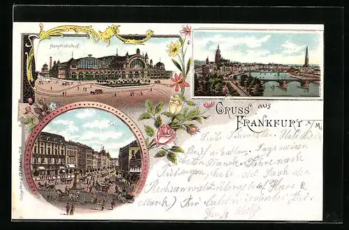 Lithographie Frankfurt a. M., Teilansicht mit Brücke, Hauptbahnhof, Zeil mit Pferdebahn