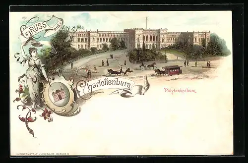 Lithographie Berlin-Charlottenburg, Polytechnikum mit Pferdebahn