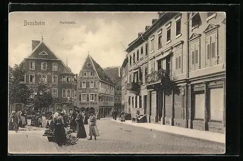 AK Bensheim, Marktplatz mit Ständen und Besuchern