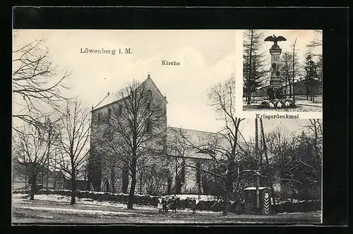AK Löwenberg i. M., Kirche und Kriegerdenkmal
