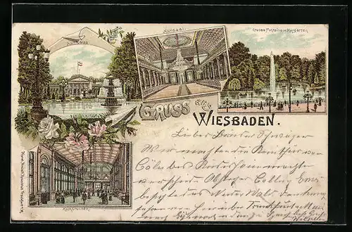 Lithographie Wiesbaden, Kurhaus, Kursaal, Kochbrunnen