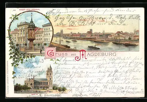 Lithographie Magdeburg, Ortsansicht mit Dom und Kaiser Otto Denkmal