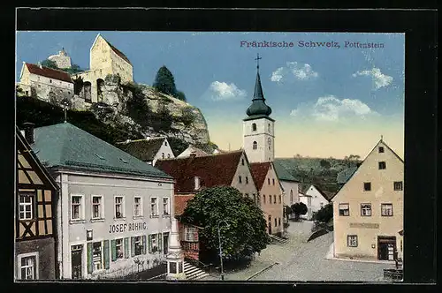 AK Pottenstein i. Fränk. Schweiz, Ortsansicht mit Gasthaus Josef Röhrig