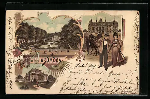 Lithographie Wiesbaden, Kurhaus, Rathaus, Neues Theater