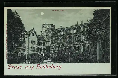 Mondschein-AK Heidelberg, Schloss mit Schlosshof