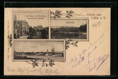 Passepartout-AK Calbe a. S., Panorama, Brücke, Marktplatz mit Rathhaus und Kriegerdenkmal