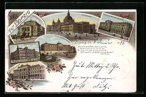 Lithographie Leipzig, Reichsgericht, Gewerbeschule, Universitätsbibliothek