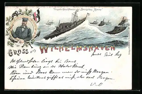 Lithographie Wilhelmshaven, Torpedogeschwader der Deutschen Marine auf bewegter See, Kapitän mit Fernrohr, Fahne