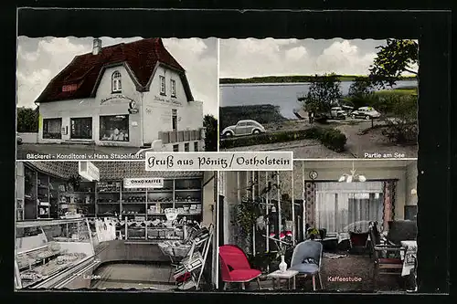 AK Pönitz /Holst., Bäckerei-Konditorei Stapelfeldt, Partie am See