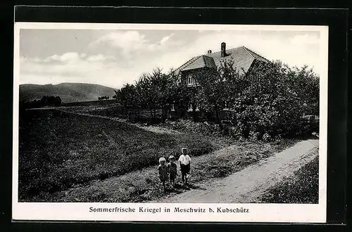 AK Meschwitz bei Kubschütz, Sommerfrische Pension Kriegel mit Umgebung und Kindergruppe