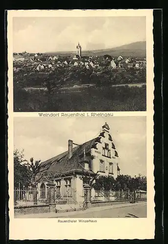 AK Rauenthal i. Rheingau, Gesamtansicht aus der Vogelschau, Gasthaus Rauenthaler Winzerhaus mit Strasse