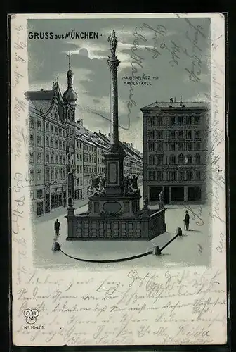 Mondschein-Lithographie München, Marienplatz mit Mariensäule