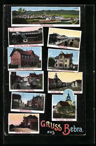 AK Bebra, Totalansicht, Eingang zum Bahnhof, Casseler Strasse, Bahnhof, Hotel Schlüter