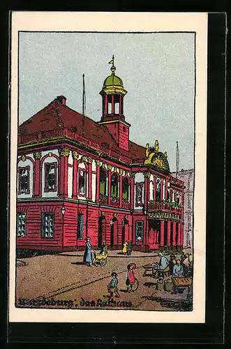 Steindruck-AK Magdeburg, Rathaus mit Strasse und Marktständen