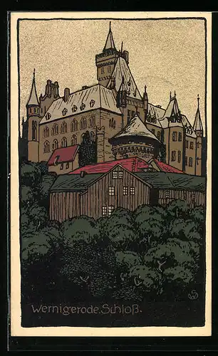 Steindruck-AK Wernigerode, Schloss, von unterhalb gesehen