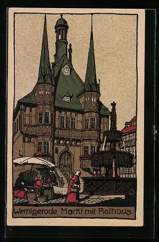 Steindruck-AK Wernigerode, Markt mit Rathaus