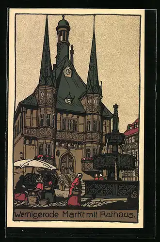 Steindruck-AK Wernigerode, Markt mit Rathaus und Brunnen
